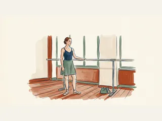 Bailarina de pie junto a una barra de ensayo en una sala luminosa