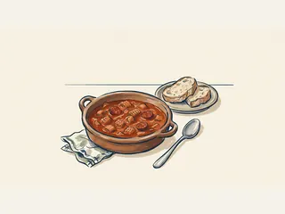 Cazuela de callos en salsa roja junto a pan, una cuchara y un paño.