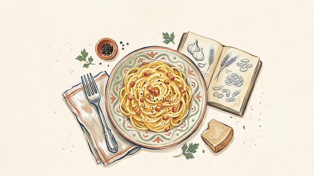 Un plato de espaguetis a la carbonara acompaña una cuña de queso y un cuaderno de dibujos culinarios.