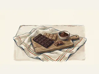 Tabletas y porciones de chocolate junto a un cuenco de cacao sobre una tabla de madera.