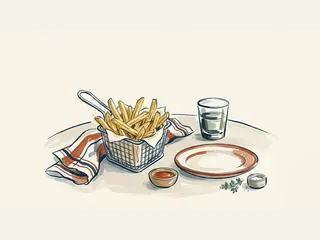 Una cesta de patatas fritas doradas junto a un plato, un vaso de agua y pequeños cuencos.