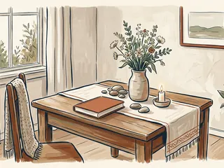 Flores, piedras lisas, una vela y un libro cerrado sobre una mesa de recuerdo.