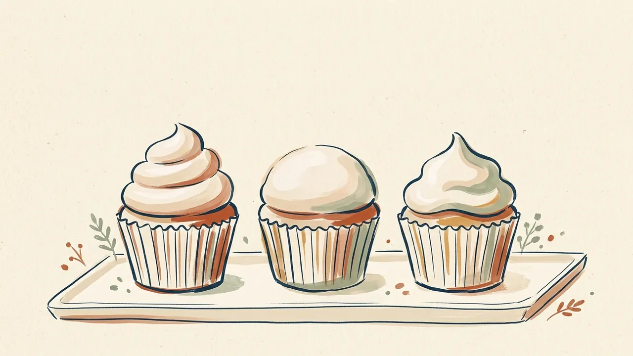 Tres cupcakes de vainilla con distintas coberturas claras sobre una bandeja.