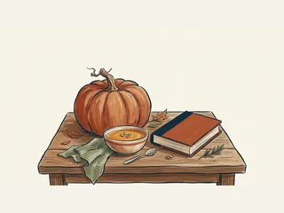 Una calabaza entera junto a un cuenco de sopa, una cuchara y un libro sin título.