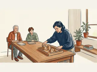 Una adulta organiza piezas geométricas en una bandeja mientras otras dos personas observan.