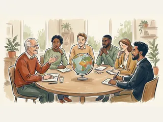 Seis personas adultas dialogan alrededor de una mesa redonda con un globo terráqueo en el centro.