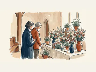 Dos personas observan una mesa con flores y una cruz de madera en un interior cristiano ficticio.