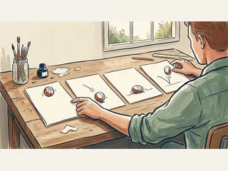 Una persona ordena cuatro dibujos de una pelota en distintas posiciones sobre una mesa de taller.