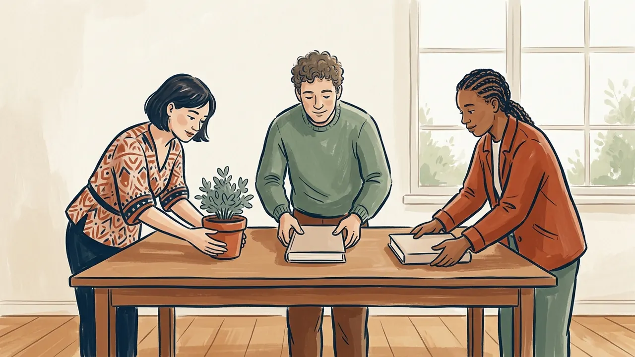 Tres personas organizan dos libros y una planta sobre una mesa comunitaria.