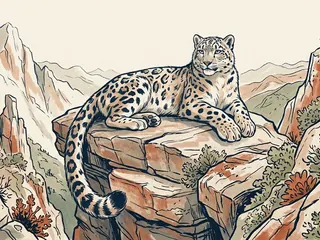 Ilustración de un leopardo de las nieves descansando sobre una roca con la cola extendida.