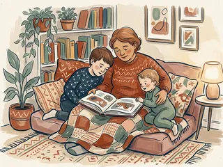 Una persona adulta lee un libro ilustrado con dos niños de edades distintas en un sofá.