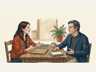 Dos adultos de piel clara conversan junto a una mesa con libros.
