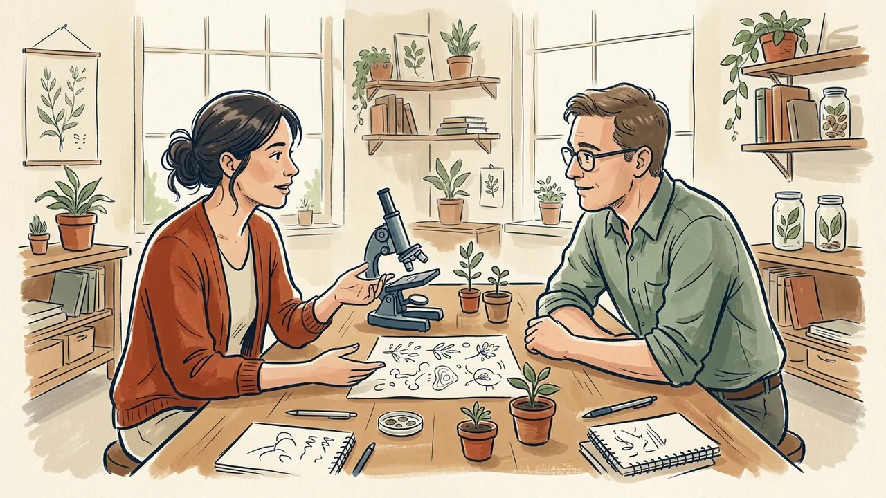 Dos personas conversan junto a un microscopio, pequeñas plantas y dibujos botánicos sobre una mesa.