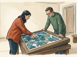 Dos personas observan una composición de figuras geométricas azules y verdes.