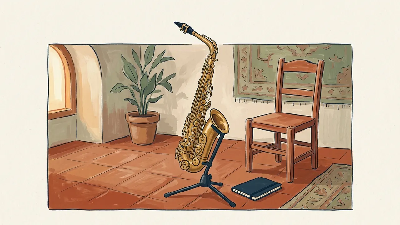 Saxofón dorado sobre un soporte junto a una silla de madera y un cuaderno azul.