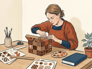 Una persona crea una caja de papel decorada con patrones geométricos en tonos de chocolate.