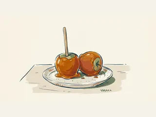 Dos manzanas cubiertas de caramelo sobre un plato, una con un palito de madera.