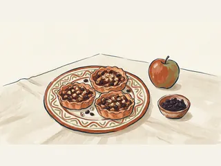 Tres tartaletas de relleno de fruta sobre un plato, junto a una manzana y un cuenco de pasas.