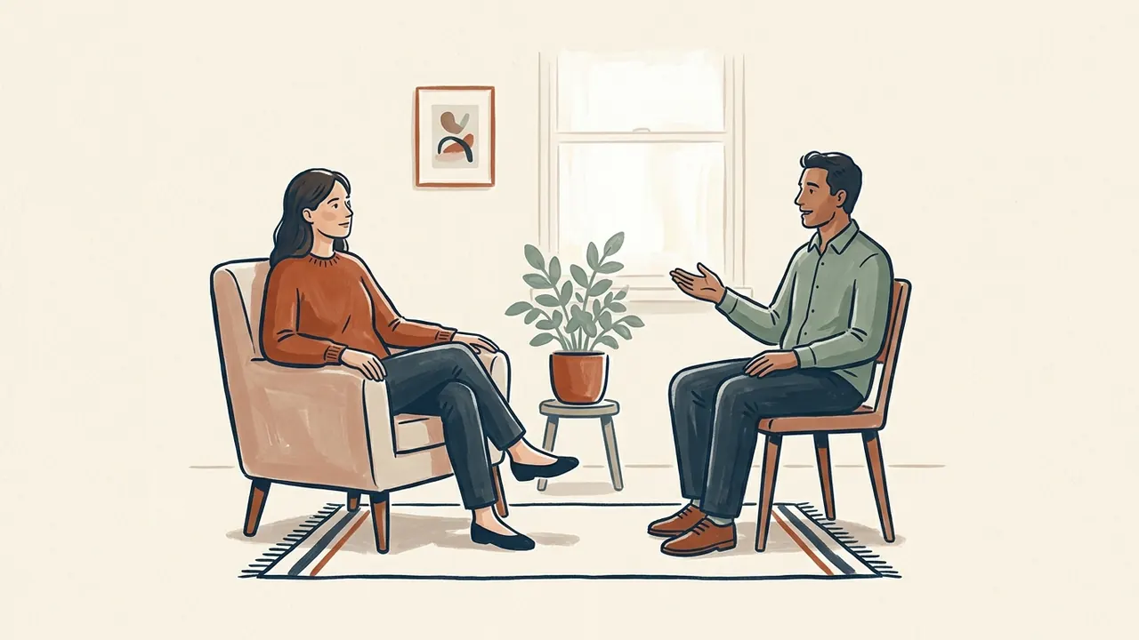 Dos personas adultas conversan sentadas en sillas separadas, con una planta entre ellas.