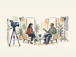 Una presentadora entrevista a un invitado en un estudio con cámara e iluminación.