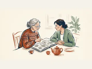 Dos mujeres de distintas generaciones conversan mientras miran un álbum en una mesa con té.